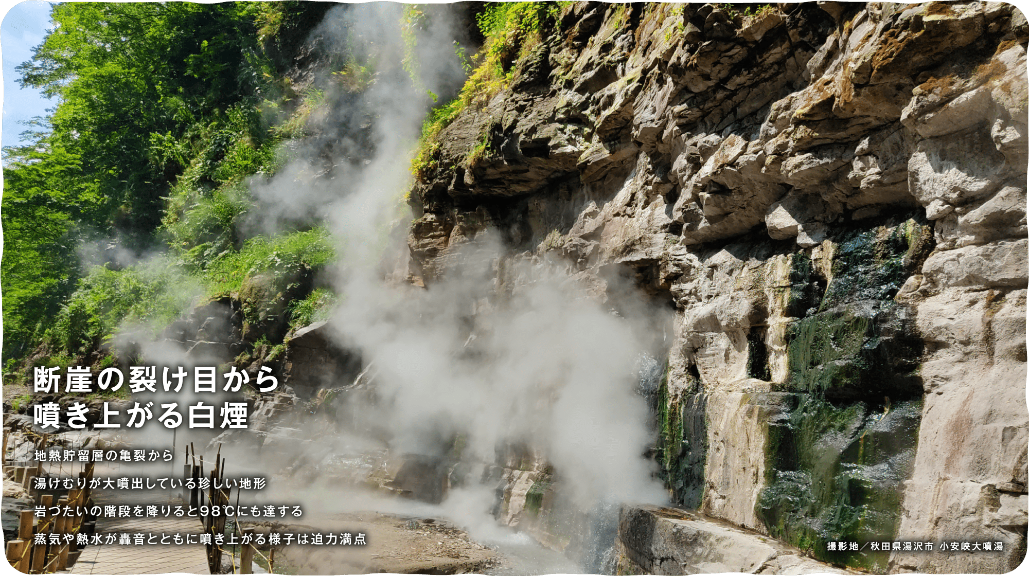 断崖の裂け目から噴き上がる白煙　地熱貯留層の亀裂から湯けむりが大噴出している珍しい地形岩づたいの階段を降りると98℃にも達する蒸気や熱水が轟音とともに噴き上がる様子は迫力満点