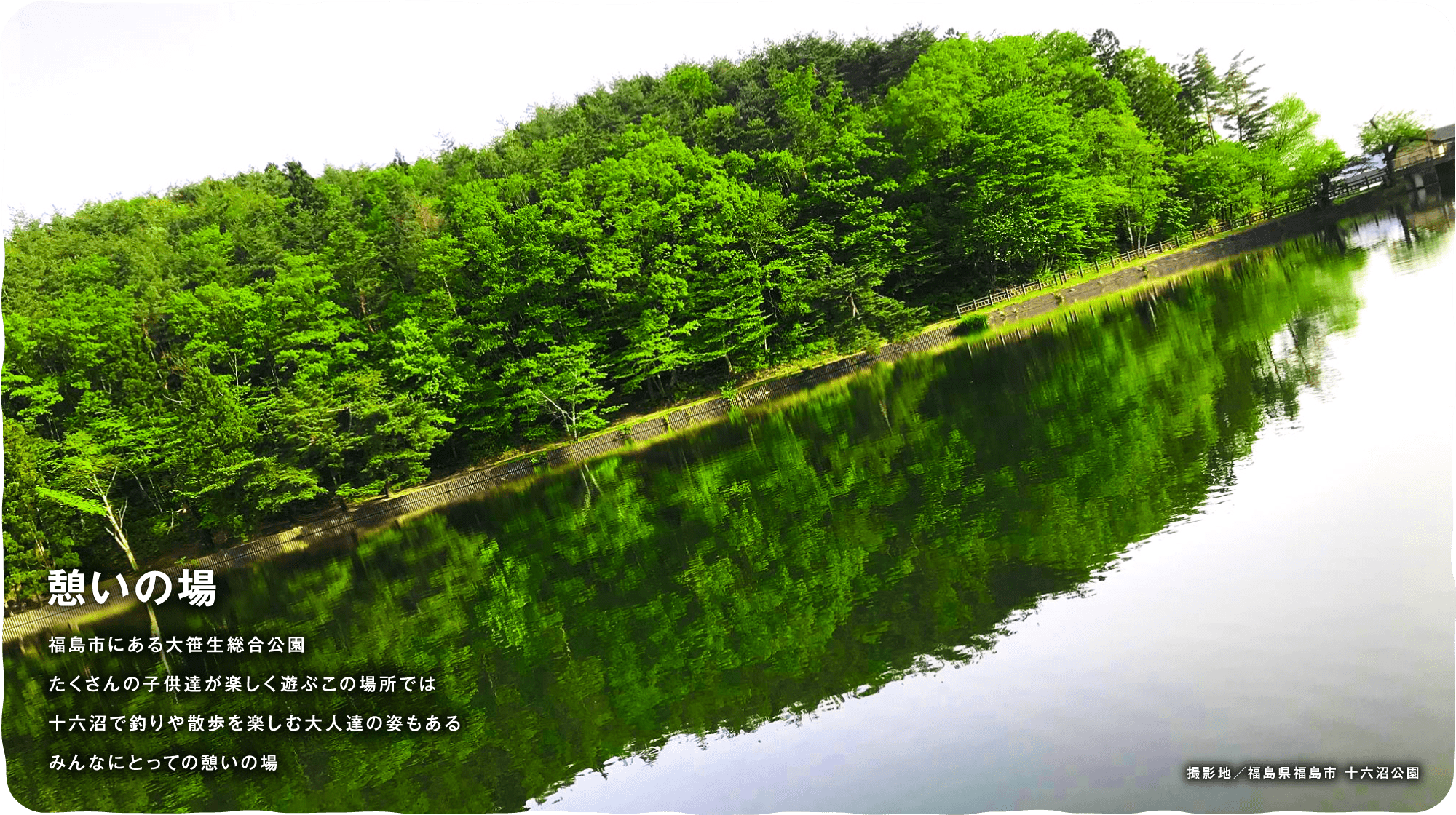 憩いの場　福島市にある大笹生総合公園たくさんの子供達が楽しく遊ぶこの場所では十六沼で釣りや散歩を楽しむ大人達の姿もあるみんなにとっての憩いの場